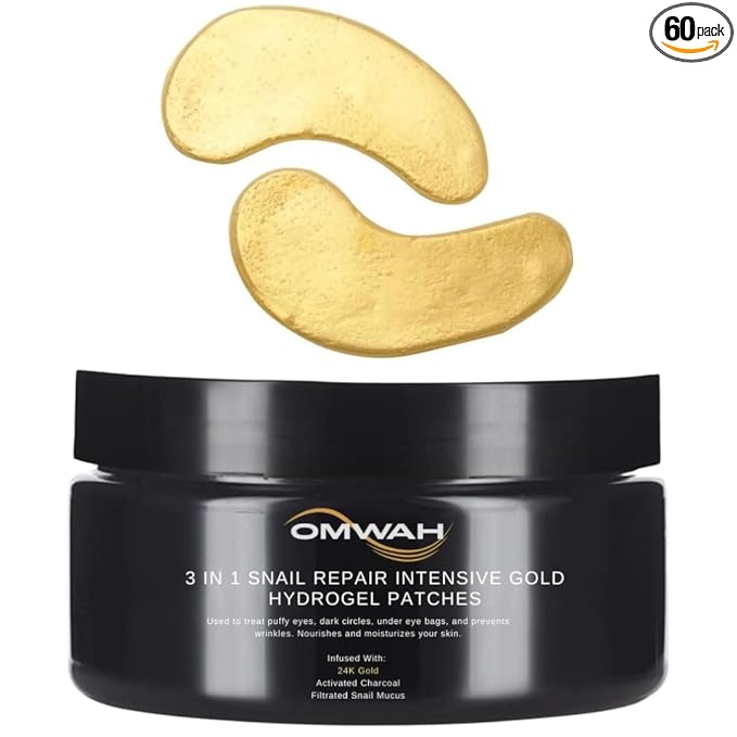 OMWAH Activated Charcoal Hydrogel Under Eye Patches, Snail Mucin Moisturizer & 24K Gold Eye Masks to Reduce Dark Circles, Puffiness & Wrinkles, Long-lasting hydration For Men & Women –30 Pairs (60Pcs)