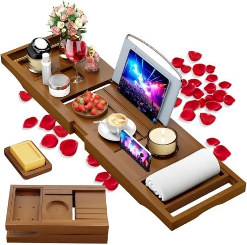 Foldable Bathtub Tray Caddy with Soap Dish Adjustable29.5-43''Walnut by BESHOF