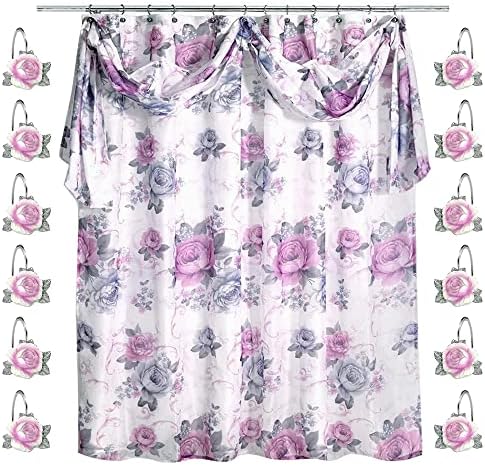 Zahari Home 13pc Michelle Bathroom Shower Curtain Sets Shower Curtain & 12 Shower Bathroom Hooks Modern Classic Luxury Contemporary Decor Floral Shower Curtain Stylish Bath Sets by ZahariHome