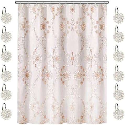 Zahari Home 13pc Rose Vine Bathroom Sheer Shower Curtain Sets Sheer Shower Curtain & 12 Shower Bathroom Hooks Modern Classic Luxury Contemporary Decor Beige Shower Curtain Set by ZahariHome