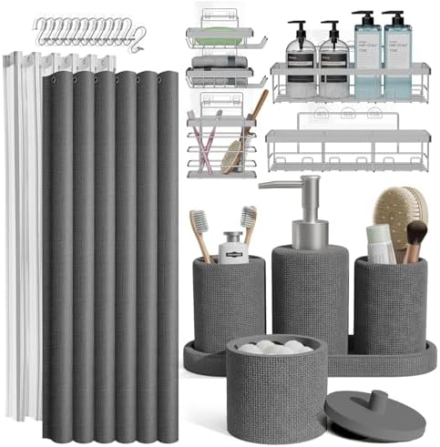 Clara Clark Bathroom Set - Grey Bathroom Accessories Set, 24PC Bathroom Accessory Set, Bathroom Sets with Shower Curtain Set, Adhesive Corner Shower Caddy Hanging & Soap Dispenser by ClaraClark