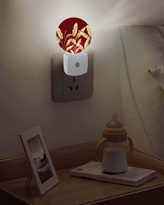 Night Lights Auto Sensor Golden Foliage Night Light Red Minimalist Leaf Round Lamp Plug-in LED Nightlights Dusk to Dawn for Living Room Bedroom Bathroom Hallway Wall Decor
