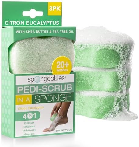 Spongeables Pedi Scrub Foot Exfoliating 20+ Wash Sponge, Citron Eucalyptus, 3 Count by Spongeables
