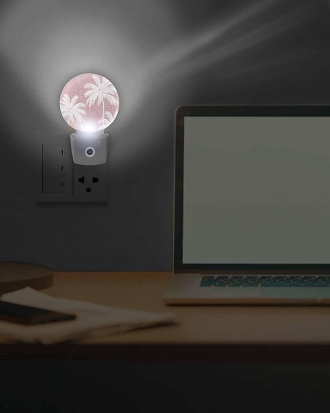 Night Lights Auto Sensor Tropical Palm Trees Night Light Pink Linen Coastal Round Lamp Plug-in LED Nightlights Dusk to Dawn for Living Room Bedroom Bathroom Hallway Wall Decor