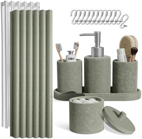 Clara Clark Sage Green Bathroom Set - Bathroom Accessories Set, 19PC Bathroom Accessory Set, Bathroom Sets with Shower Curtain Set, Soap Dispenser & Toothbrush Holder by ClaraClark