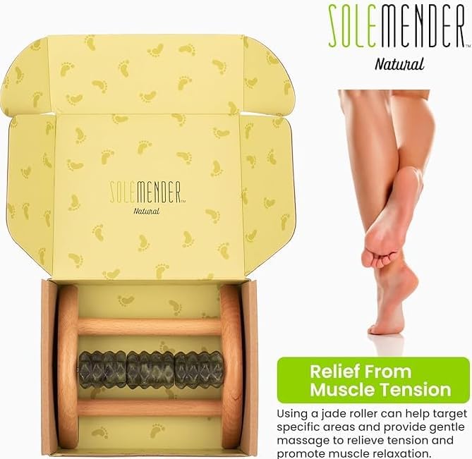 Natural Jade Foot Massager – Stress Relief, Muscle Relaxation and Improved Circulation – Wooden Foot Roller for Plantar Fasciitis, Neuropathy Pain and Deep Tissue Massage at Home
