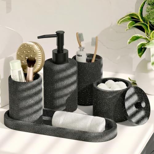 Clara Clark Bathroom Set - Coal Black Bathroom Accessories Set, 5PC Bathroom Accessory Set, Bathroom Sets with Soap Dispenser, Toothbrush Holder, Tumbler, Cotton Swab Jar & Vanity Tray - Image 7