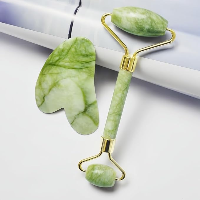 Jade Roller and Gua Sha Set, Natural Jade Stone Facial Massage Tools with Gold Frame for Puffiness and Redness Reducing, Skin Care Routine Gift