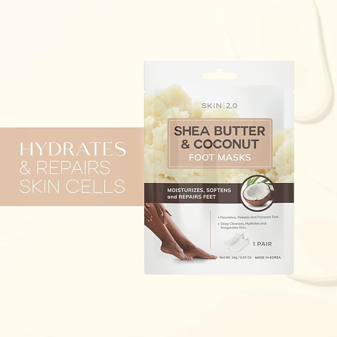 Skin 2.0 Shea Butter & Coconut Foot Masks - Softens Calluses, Treats Cracked Heels, Soothing & Hydrating - Dermatologist Tested Korean Skincare - Clean Beauty, Cruelty-Free, All Skin Types - 3 Pairs
