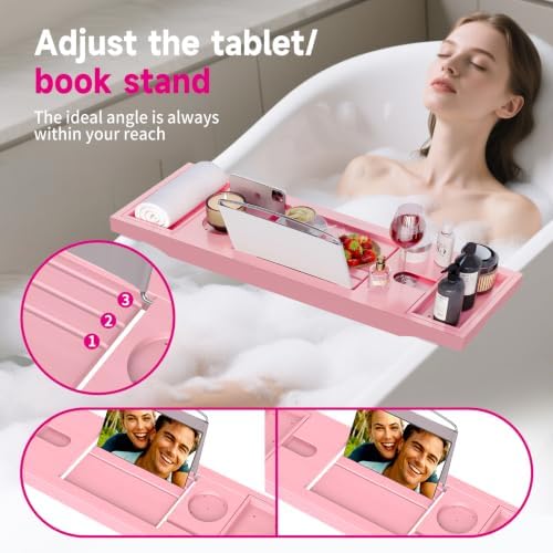 Foldable Bathtub Tray Caddy with Soap Dish Adjustable 29.5-43'' Pink - Image 7
