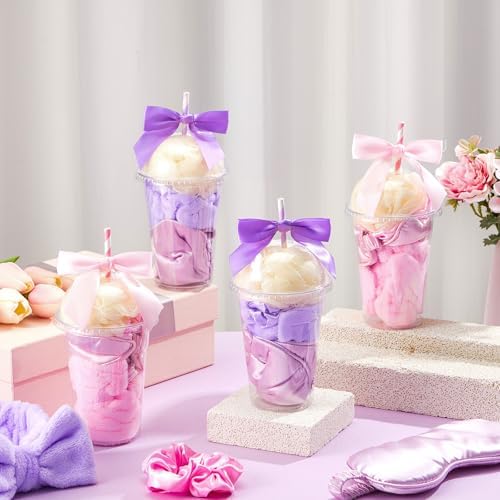 Nitial 56 Pcs Spa Sleepover Party Supplies Including Headband Sleep Eye Mask Velvet Scrunchies Bath Loofah Sponges Plastic Cup with Lids Straws for Girls' Night Birthday Party (Pink Purple) - Image 5