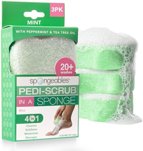 Spongables Pedi Scrub Foot Exfoliating 20+ Wash Sponge, Peppermint and Tea Tree, 3 Count by Spongeables