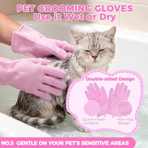 PAWCHIE Bath Grooming Kit for Pets, 9 PCS Hair Brush Set with Towel,Washing Gloves,Bath Brush and Adjustable Handle Shampoo Brush & Scrubber for Short Long Haired Dogs and Cats,Dog Bath Supplies, Pink - Image 4