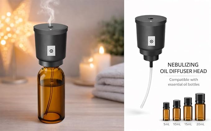 Waterless Essential Oil Diffuser, Rechargeable Cordless Scent Diffuser Machine, 20mL (0.7oz) Capacity, 4 Mist Levels & 4 Countdown Timers, Cup Holder Car Diffuser for Home Bedroom Office, Black