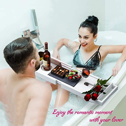 Bathtub Caddy Tray for Luxury Bath - Bamboo Waterproof Expandable Bath Table Over Tub with Wine and Book Holder and Free Soap Dish (White) - Image 4