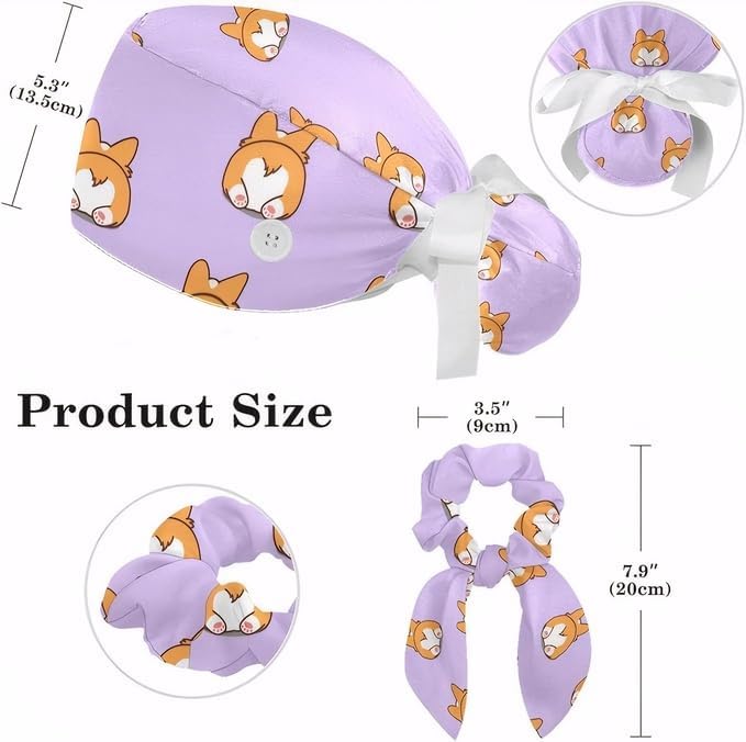 Adjustable Brown Dachshund Dog Blue Surgical Scrub Cap with Button,Sweatband for Women with Bow Hair Scrunchy