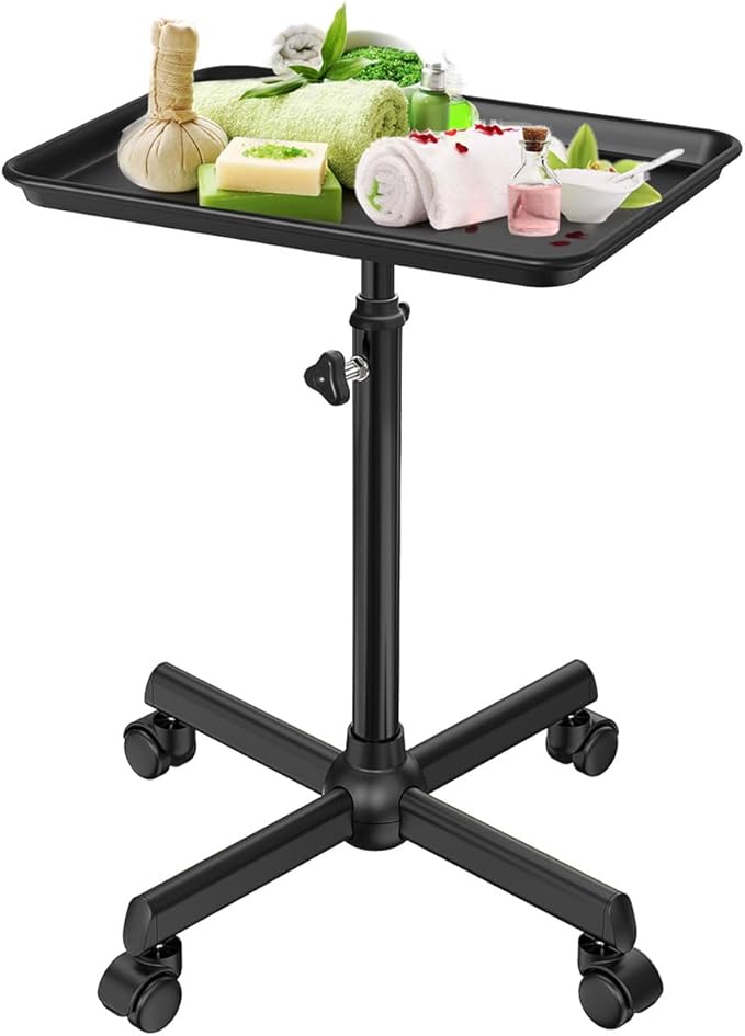 Salon Tray Cart Tattoo Tray Rolling Cart, Service Rolling Tray, Height Adjustable Styling Tray, Storage Tray Trolley for Beauty Salon Clinic Spa (Black)