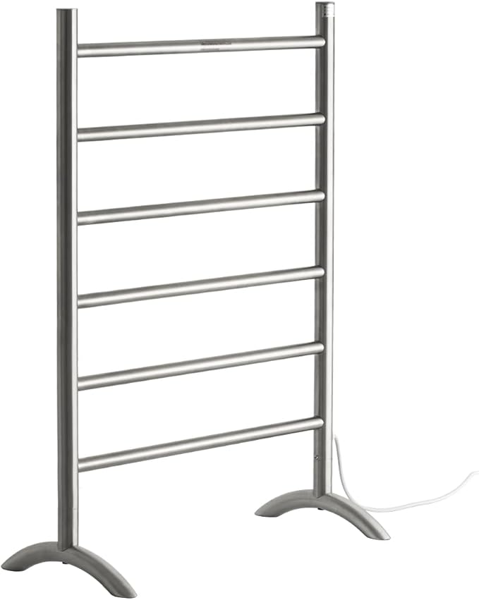 Freestanding Towel Warmer 6 Bars Plug-in Option 3 Working Modes with Top-Mounted Timer Brushed Stainless Steel 24” W 34” H