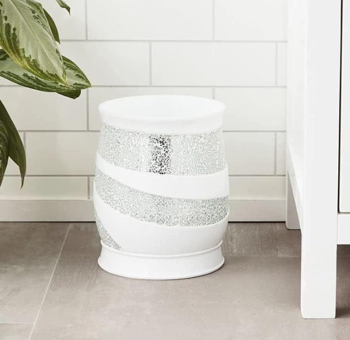 Zahari Home 2pc Sinatra White Modern Bath Accessories Set Waste Basket & Tissue Box Modern Decorative Beautiful Designs Bathroom Decor Set for Home Luxury Bath Set Mosaic Glass - Image 2