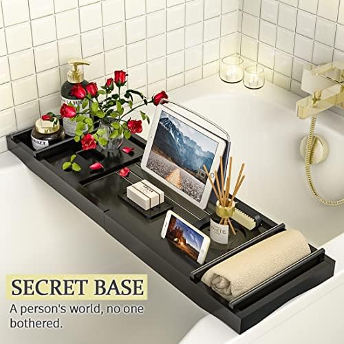 Bath Caddy Tray for Bathtub - Bamboo Adjustable Organizer Tray for Bathroom with Free Soap Dish Suitable for Luxury Spa or Reading(Black) - Image 2