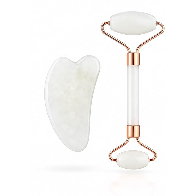 White Jade Roller & Gua Sha Facial Tools Set – Natural White Stone Face Roller for Upper Face & Gua Sha for Jawline Sculpting, Lifting & Reducing Puffiness | Cooling Skincare Tool for Women (White)