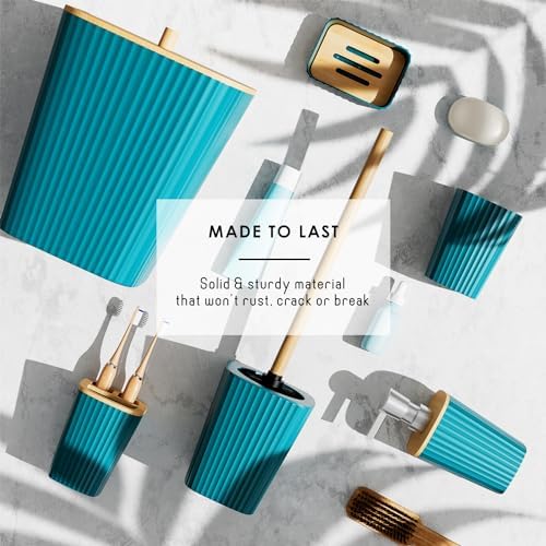 Clara Clark Bathroom Set - Teal Bathroom Accessories Set, 6PC Bathroom Accessory Set, Bathroom Sets with Adhesive Corner Shower Caddy Hanging, Toilet Brush, Trash Can & Soap Dispenser - Image 5
