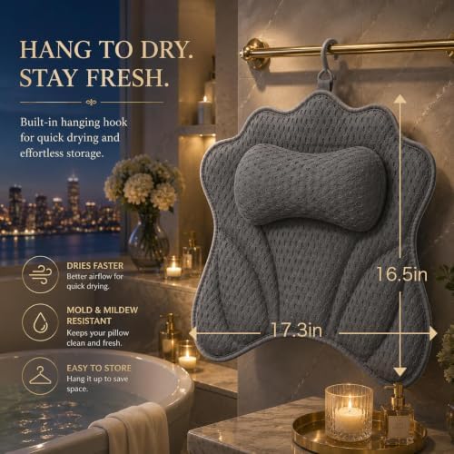 Luxe Bath Pillow for Tub Quick-Dry 4D Mesh,Head, Neck & Back Support (Gray) - Image 3