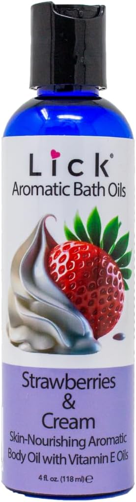 Lick Strawberries and Cream Aromatic Bath Oil - Indulgent Scent Dessert Blends - Aromatherapy Soak Oils for Skin Softening, 4 oz