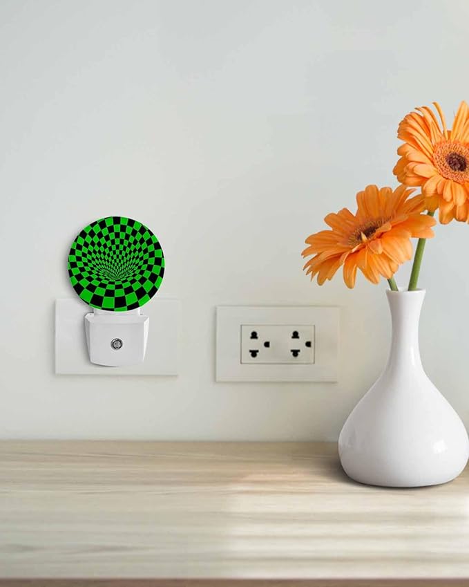 Night Lights Auto Sensor Green Black Checker Night Light 3D Abstract Mosaic Tiles Round Lamp Plug-in LED Nightlights Dusk to Dawn for Living Room Bedroom Bathroom Hallway Wall Decor