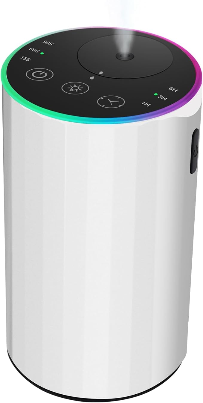 Waterless Essential Oil Diffuser, 7 Colors LED Light, Battery Powered Mini Scent Air Machine, Aromatherapy Mist Diffuser for Home Room Car Office，Black Aluminum Alloy (Black) (White)