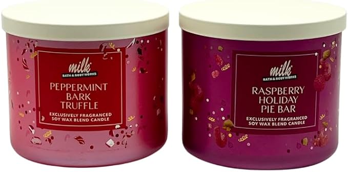 Bath & Body Works Milk BAR Collection Holiday Dessert Scents 3-Wick Scented Candle 2pc Gift Set with 40-inch Gold Metallic Ribbon Bow - 14.5 oz Each (Peppermint Bark Truffle & Raspberry Holiday Pie)