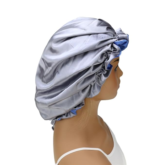 Adjustable Silk Satin Bonnet Hair Care Caps for Women Girls Loose-fitting Reversible Sleeping Cap Shower Caps Hair Wrap Bonnets (006 Royal/Silver)