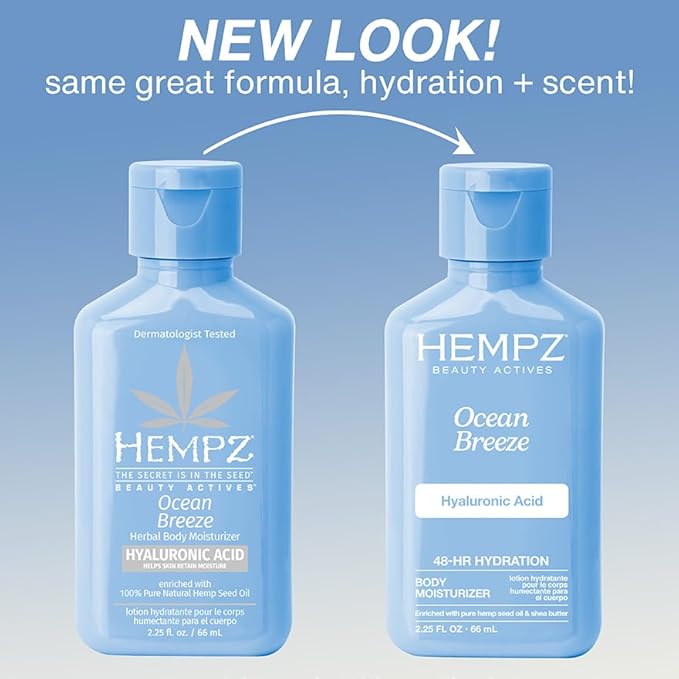 Hempz Body Lotion - Ocean Breeze Limited Edition Mini Daily Moisturizing Cream, Shea Butter, Aloe Body Moisturizer - Skin Care Products, All Natural Hemp Seed Oil - Travel Size 2.25 Fl Oz