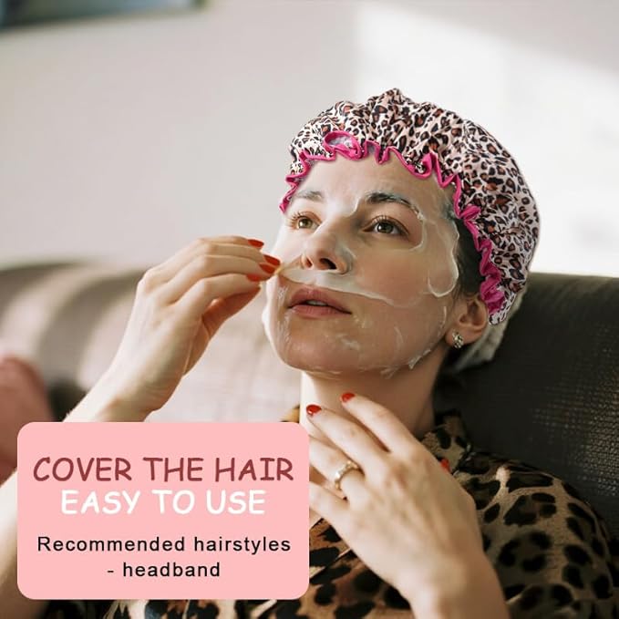 Vintage Leopard Print Shower Cap for Long Hair Braids Womens Fabric Waterproof Large Leopard Shower Caps for Women Washable Elastic Adjustable Bath Hair Caps for Washing Spa Bath Cap for Women Trendy