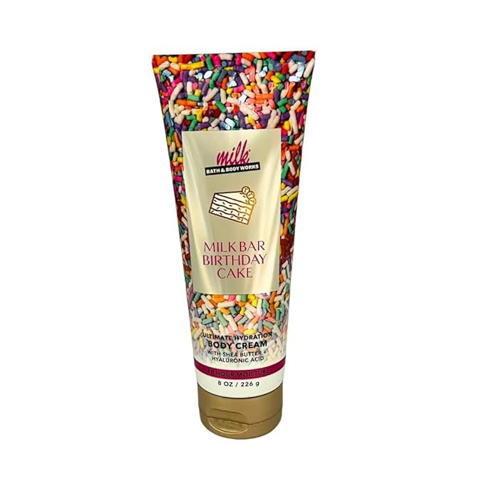 Bath & Body Works MILK BAR BIRTHDAY CAKE Fine Fragrance Mist & Body Cream 2pc Gift Set with 30-Inch Metallic Gold & Silver Striped Ribbon Bow for Birthdays & Holidays – Full Size
