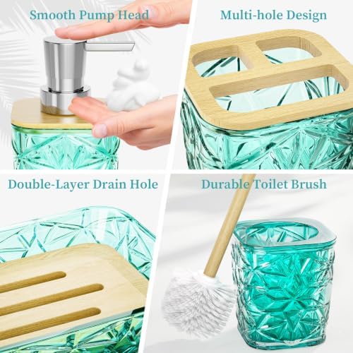 Bathroom Accessory Set, 9-Piece Teal Bathroom Set with Trash Can, Toilet Brush, Soap Dispenser, Soap Dish, Toothbrush Holder, Tumbler, Q-tip Holders & Tray, for Hotel/Apartment, Housewarming Gift - Image 5