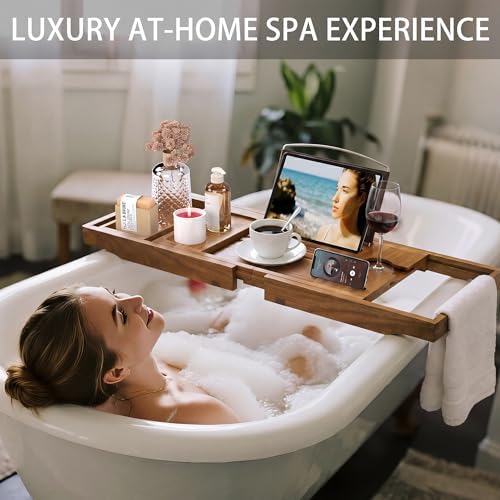 Bathtub Tray Caddy, Expandable Acacia Wood Bath Tray for Tub - Image 5