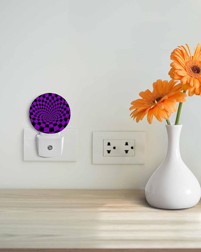 Night Lights Auto Sensor Purple Black Checker Night Light 3D Abstract Mosaic Tiles Round Lamp Plug-in LED Nightlights Dusk to Dawn for Living Room Bedroom Bathroom Hallway Wall Decor