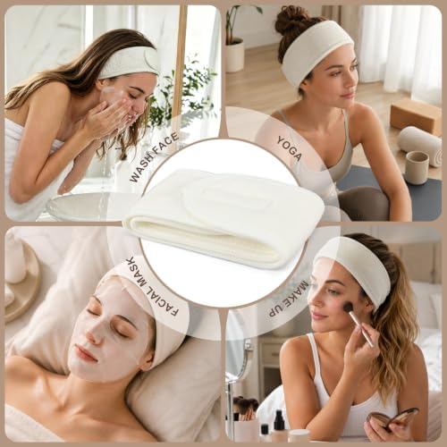 Whaline 4Pcs Spa Facial Headbands Make Up Wrap Head Terry Cloth Headband Soft Adjustable Towel Band for Face Washing Shower Facial Cover Yoga (Beige) - Image 7