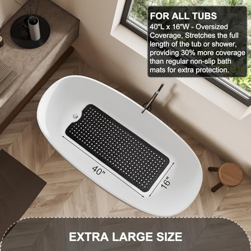 TEESHLY Bath Tub and Shower Mats, Non Slip 40 x 16 Inch Extra Long Bathtub Mat, Machine Washable Bathmat with Drain Holes, Suction Cups for Bathroom Floor, Black - Image 5