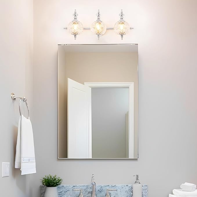 Brushed Nickel Bathroom Vanity Light Fixture Vintage Style - 3 Light G9 Bulb Compatible, 23" Wide Bathroom Lighting Over Mirror with Hand-Etched Glass Shades, Easy Mount for Makeup Area