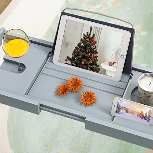 Bath Caddy Tray for Bathtub - Bamboo Adjustable Organizer Tray for Bathroom with Soap Dish Suitable for Luxury Spa or Reading(Bluish Grey) - Image 6