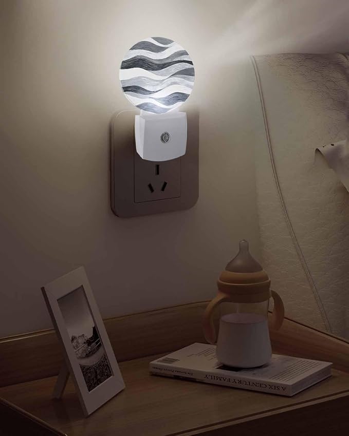 Night Lights Auto Sensor Grey Ocean Waves Night Light Abstract Mountain Stripes Round Lamp Plug-in LED Nightlights Dusk to Dawn for Living Room Bedroom Bathroom Hallway Wall Decor