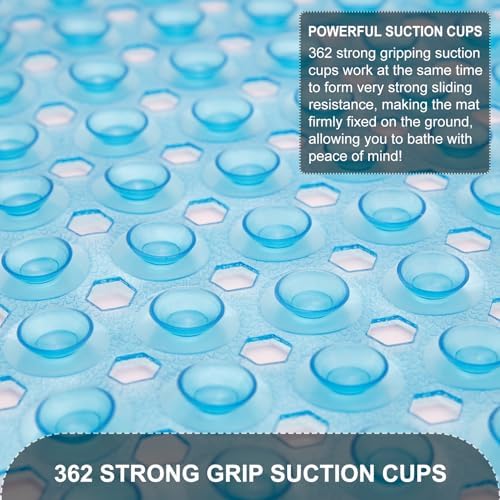 TEESHLY Bath Tub and Shower Mats, Non Slip 40 x 16 Inch Extra Large Bathtub Mat, Machine Washable Bathmat with Drain Holes, Suction Cups for Bathroom Floor, Clear Blue - Image 3