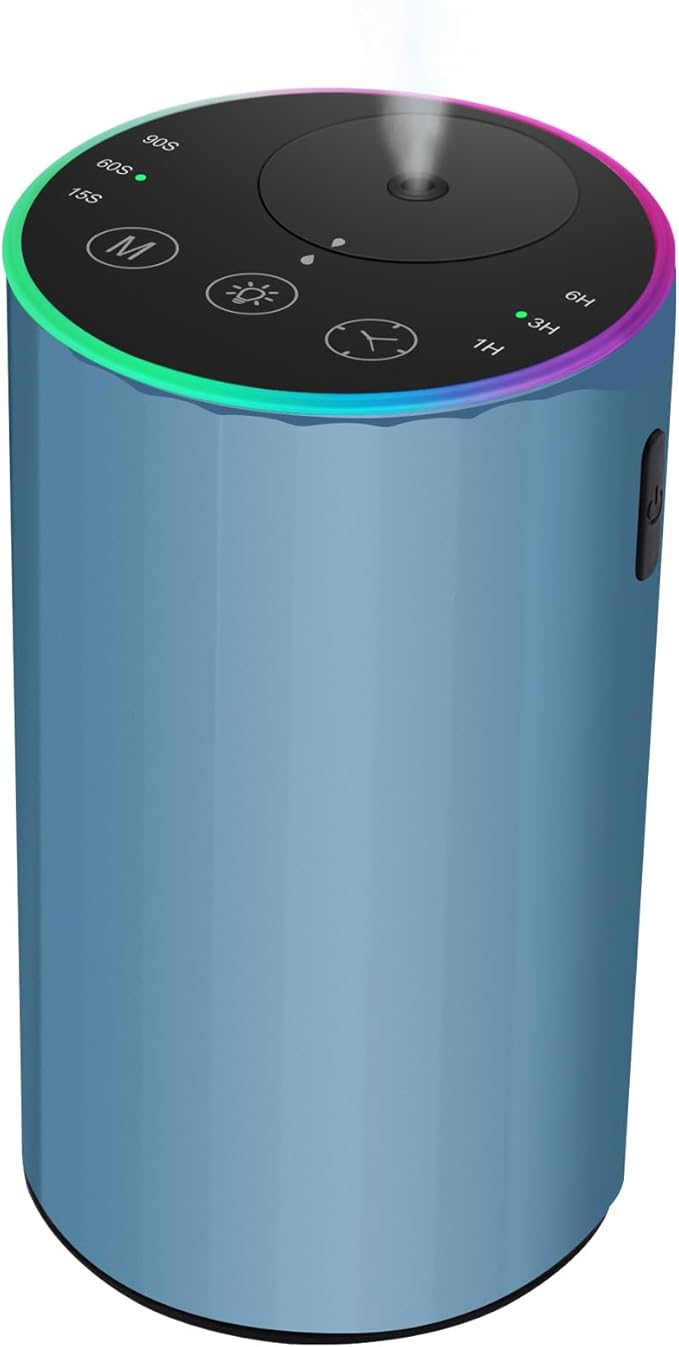 Waterless Essential Oil Diffuser, 7 Colors LED Light, Battery Powered Mini Scent Air Machine, Aromatherapy Mist Diffuser for Home Room Car Office，Black Aluminum Alloy (Black) (Blue)