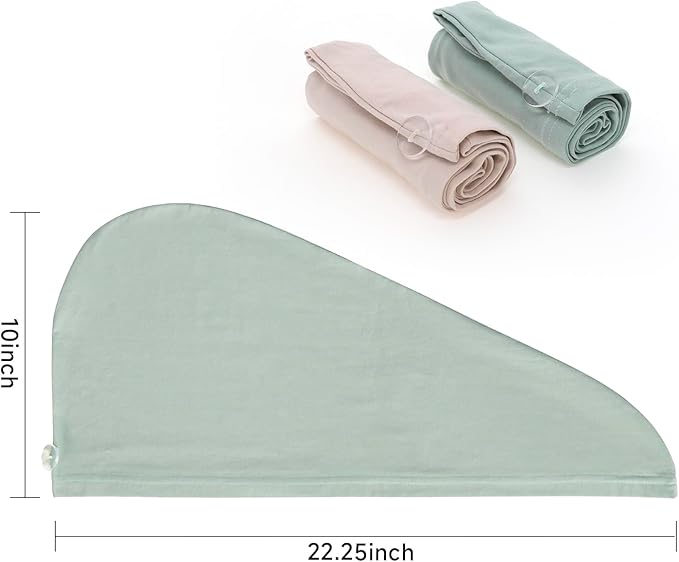 2 PCS Tee Shirt Drying Wrap, Frizz Free, Soft & Lightweight&Flexible, Hair Drying Turban, Gentle Drying Towel Wrap with Button, for Long Hair (Sage&Pink)