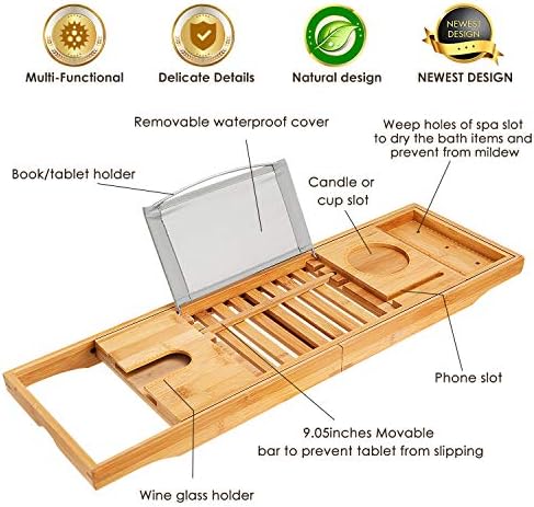 Moclever Bathtub Caddy Trays - Premium Bamboo Bath Trays with Extending Sides, Reading Rack, Tablet Holder, Cell Phone Tray and Luxury Wine Glass Holder - Natural Bamboo Color - Image 2