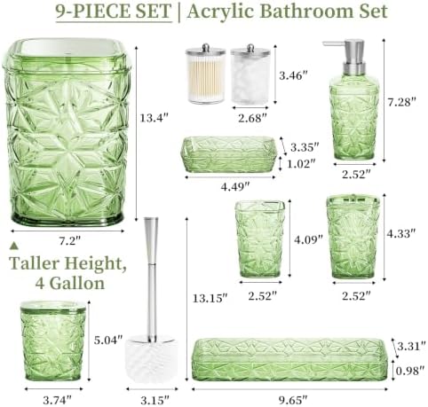 Bathroom Accessory Set, 9-Piece Green Bathroom Set with Trash Can, Toilet Brush, Soap Dispenser, Soap Dish, Toothbrush Holder, Tumbler, Q-tip Holders & Tray, for Hotel/Apartment, Housewarming Gift - Image 2