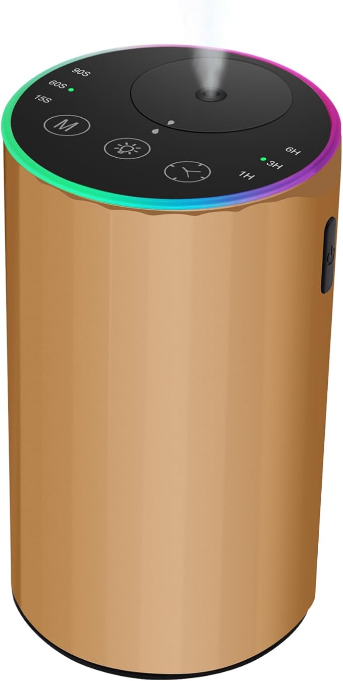 Waterless Essential Oil Diffuser, 7 Colors LED Light, Battery Powered Mini Scent Air Machine, Aromatherapy Mist Diffuser for Home Room Car Office，Black Aluminum Alloy (Black) (Gold)