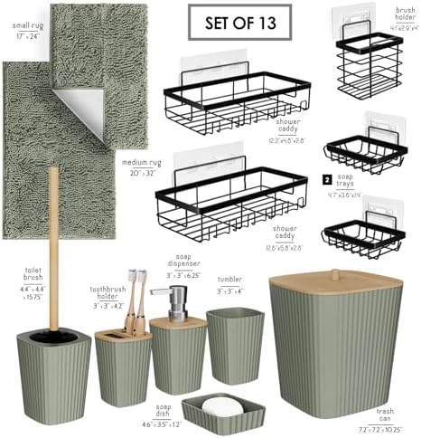 Clara Clark Bathroom Set - Sage Green Bathroom Accessories Set, 6PC Bathroom Accessory Set, Bathroom Sets with Bathroom Rugs, Adhesive Corner Shower Caddy Hanging, Toilet Brush & Trash Can - Image 2